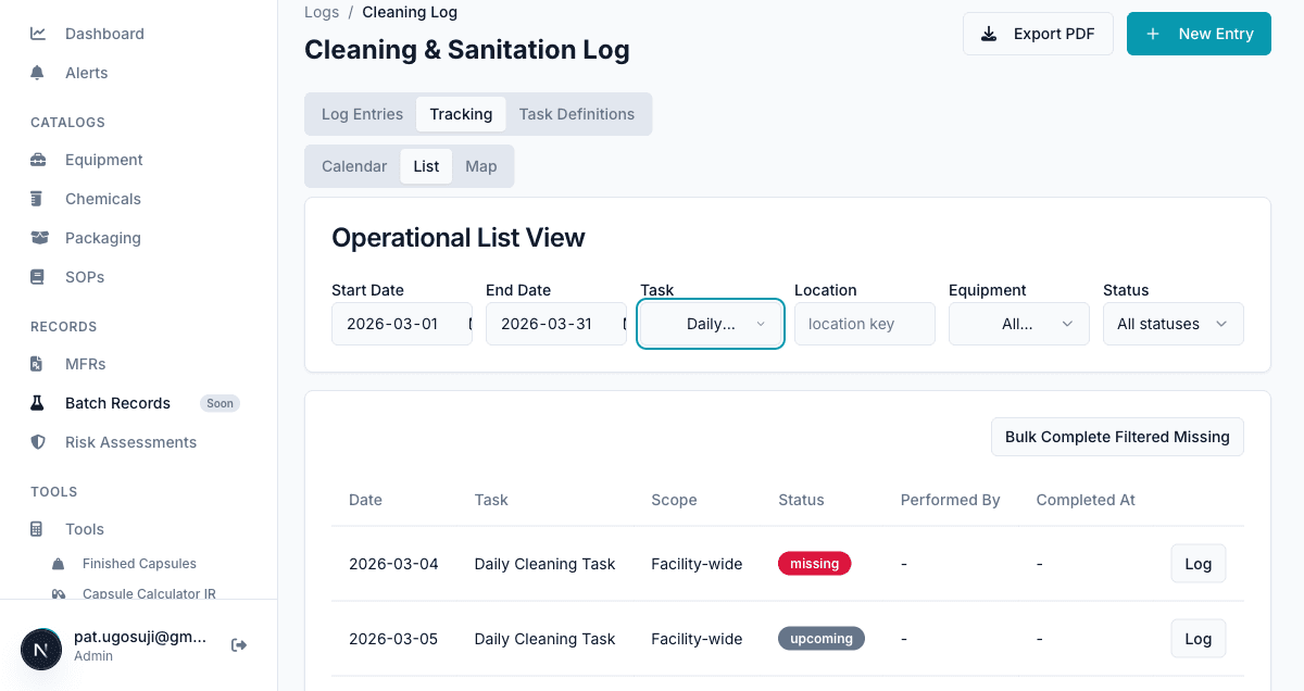 Tracking list filtered to Daily Cleaning Task